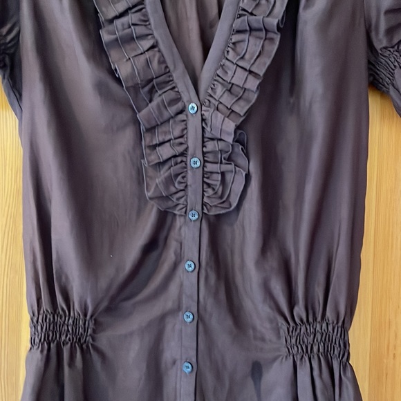 Brown BeBe semi sheer cotton/silk blouse with ruffle and tuck detail, Medium - Picture 3 of 8
